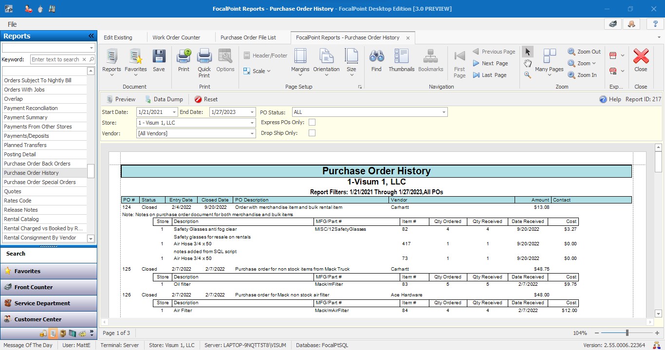 FocalPoint Purchase Order History Report