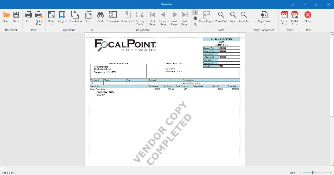FocalPoint Open Purchase Order - Vendor Copy
